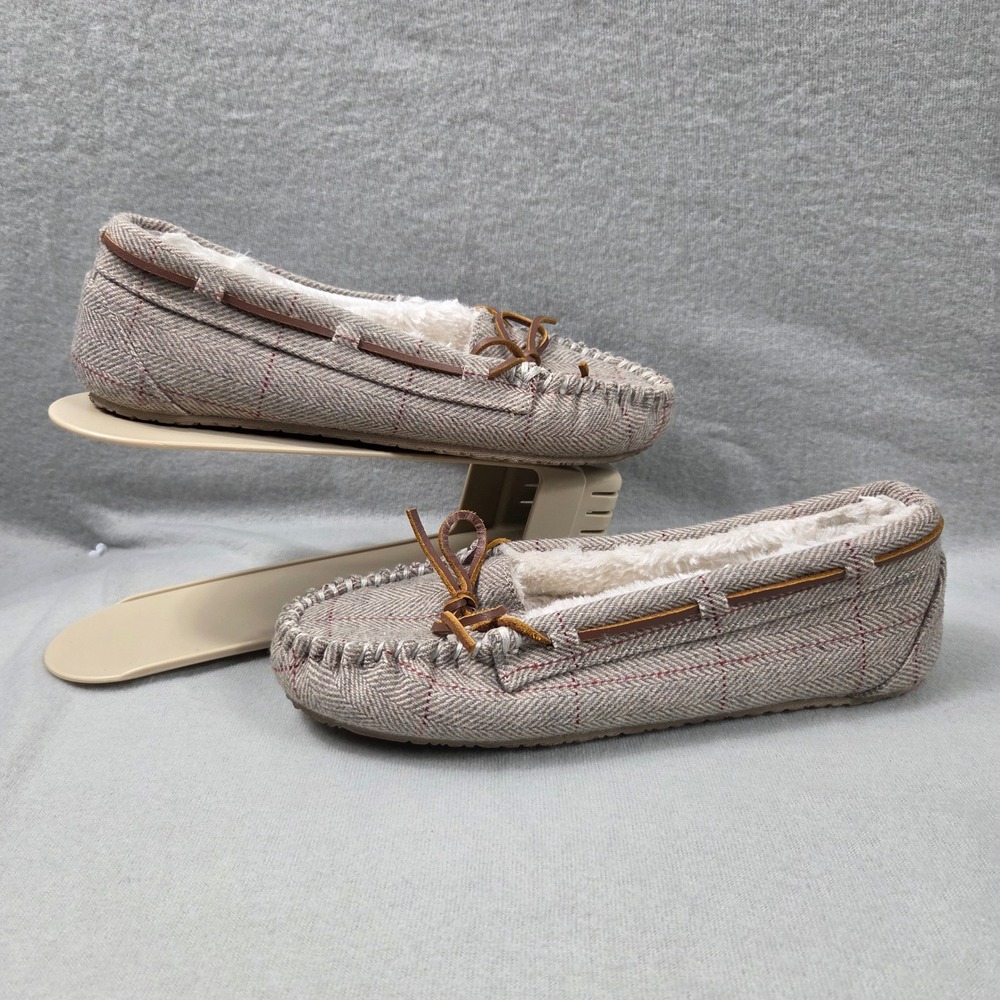Minnetonka Cally Moccasin Slippers Womens 8 Grey Excellent Herringbone Plaid
